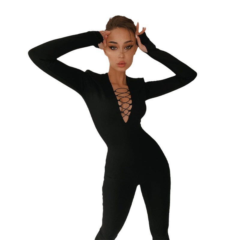Hollow-out Cross Strap Women's Long Sleeve Jumpsuit - Bellarte Enchanté Hollow-out Cross Strap Women's Long Sleeve Jumpsuit